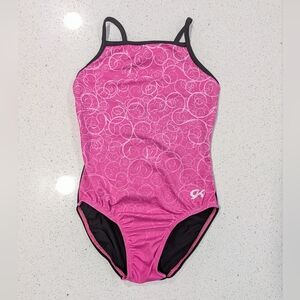 BEAUTIFUL GK Elite CM medium Gymnastics Dance Leotard Spaghetti Strap PINK SWIRL